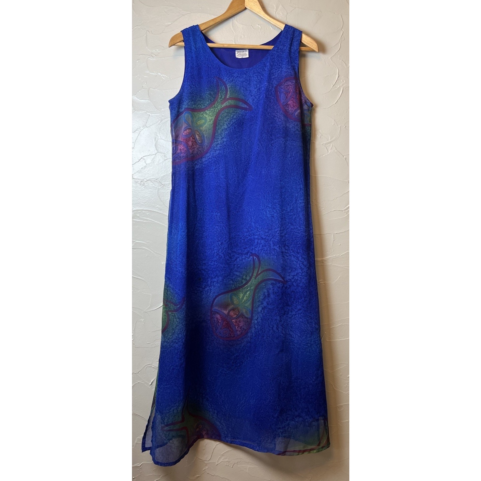 Vtg 90s Boho Artsy Abstract Maxi Dress Hippie Ethereal Purple Fish Size Medium